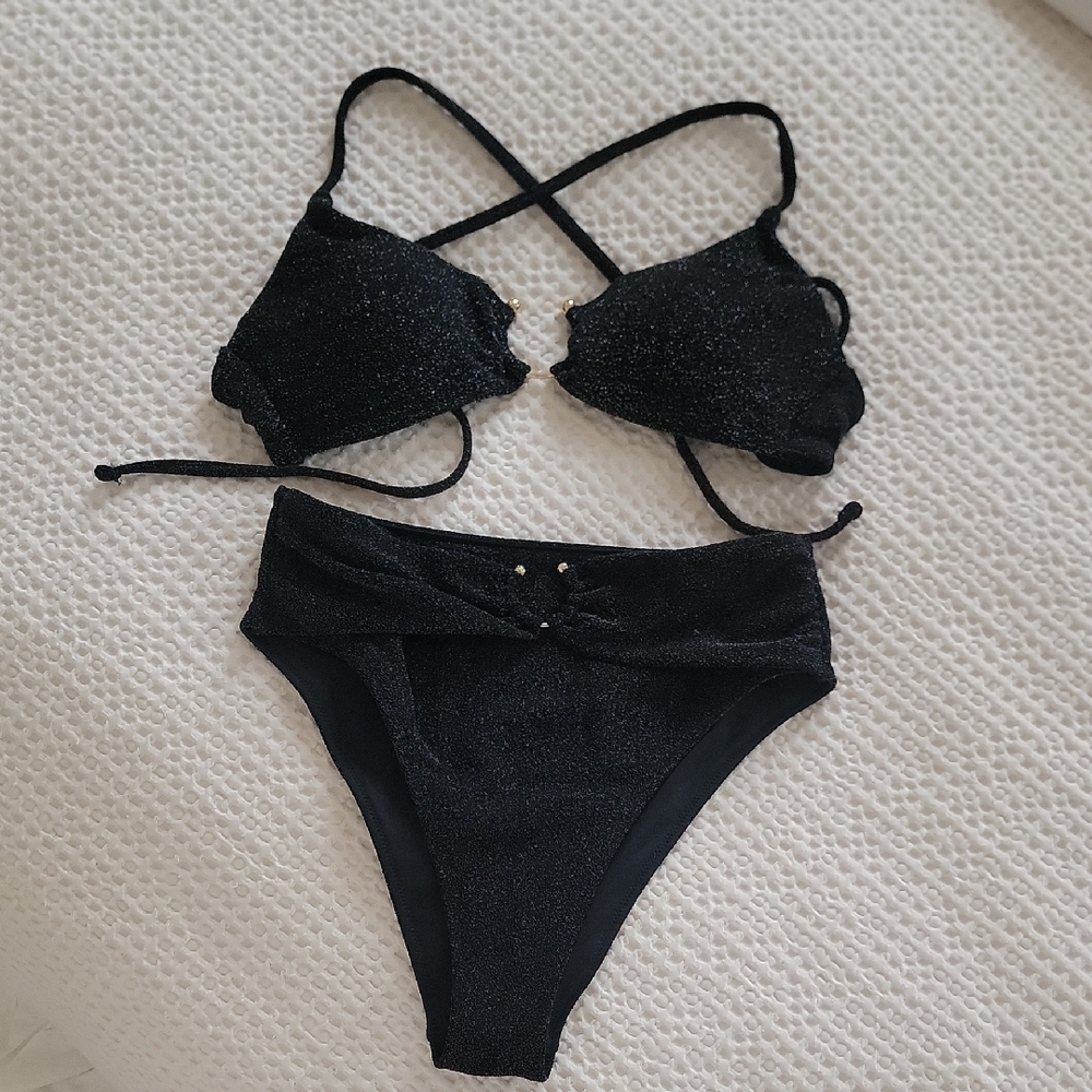 Victoria's Secret Black Sparkle Cross-Back Bikini Set - Women Swim